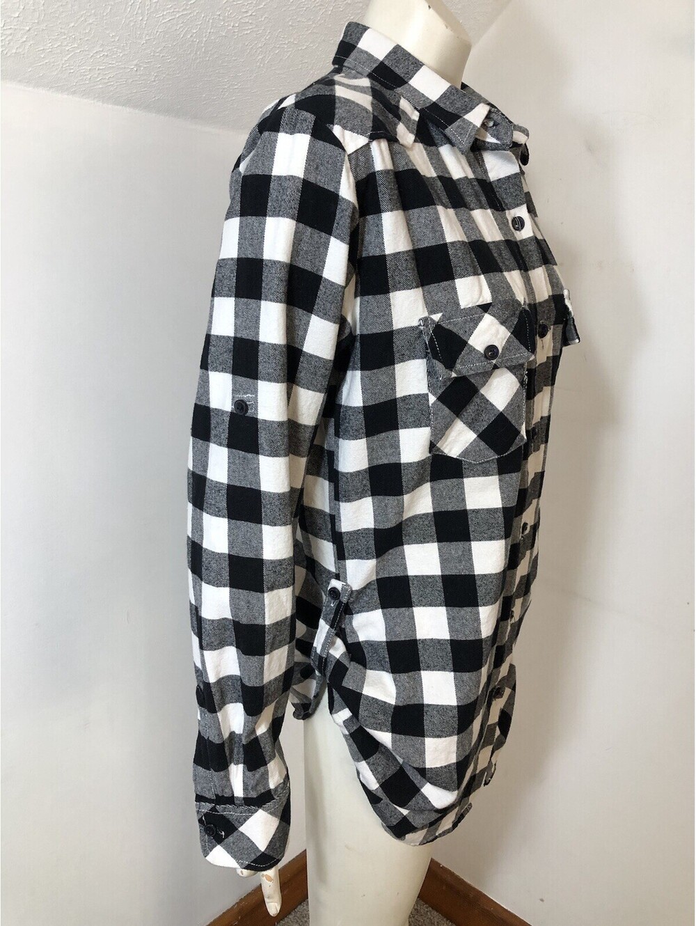 Matchstick Womens Medium Flannel Shirt Black White Buffalo Check Roll Tab Sleeve - Picture 2 of 9